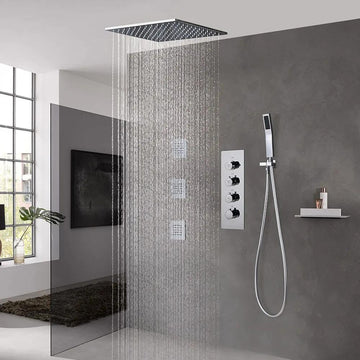 Modern 16" Chrome Thermostatic Rain Shower System with Handheld Shower & 3 Body Sprays
